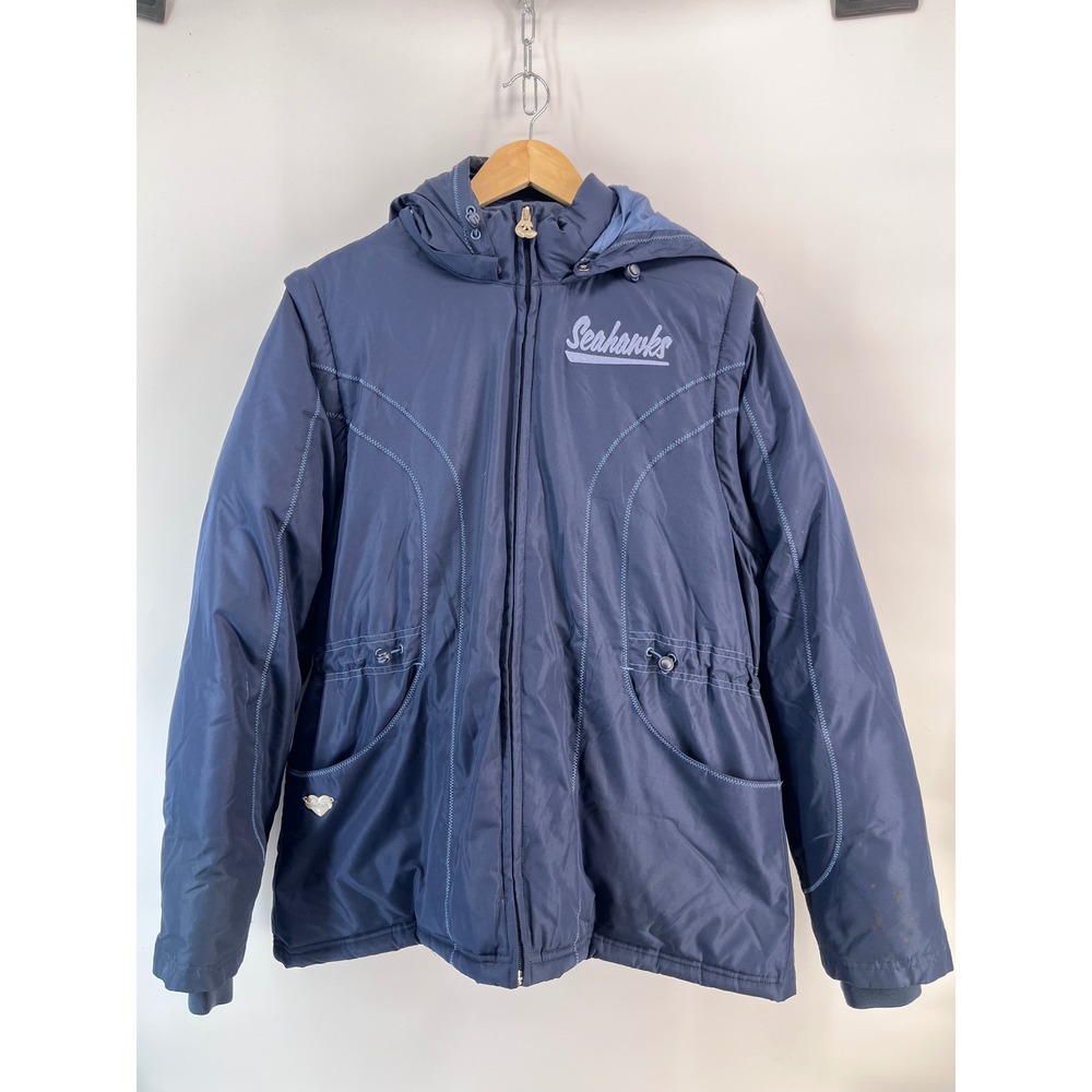 VTG Reebok NFL Seattle Seahawks Women XL Navy Blue Hooded Puffer Parka Jacket